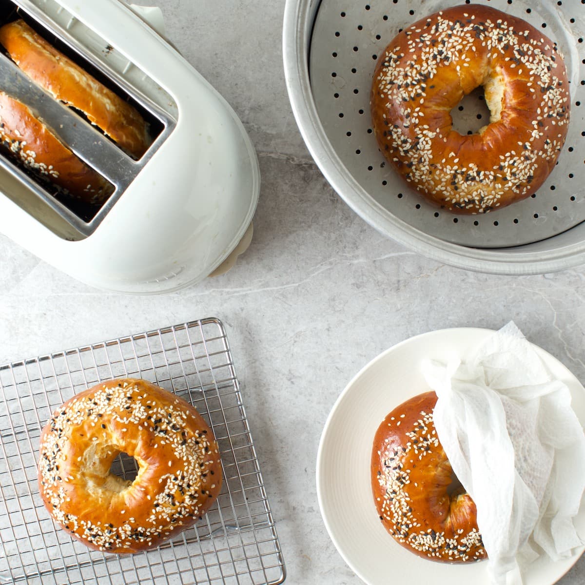 bagels being softened in 4 different vessels: toaster, steamer, oven, microwave